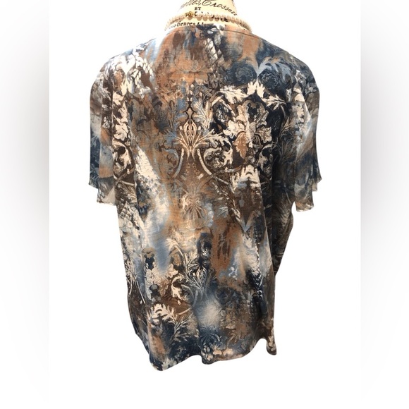 Alfred Dunner Large Abstract Floral Blue and Brown Short Sleeve Top Lined - Picture 2 of 6